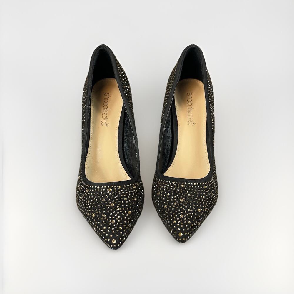 ShoeDazzle Black Gold Rhinestone Pumps Size 7.5 Pointed Toe High Heels